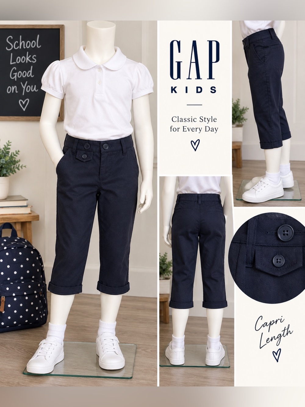 NWT GapKids Girls Size 8 Navy Uniform Capri Pants Gap Shield School Chino